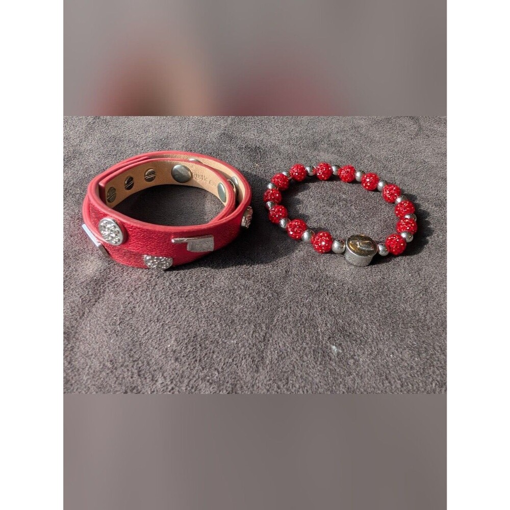Rustic Cuff Oklahoma Red Crystal Beaded and Leather Wrap Stud Bracelet Set